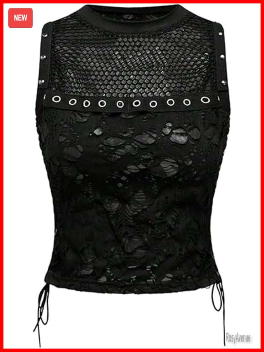 Goth Sheer Studded Crop Tank Top Lace Up Distressed Punk Going Out Top - Picture 1 of 5